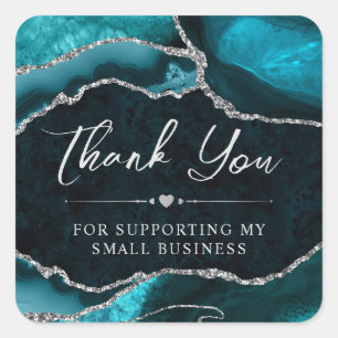 Teal and Silver Glitter Agate Small Business Square Sticker