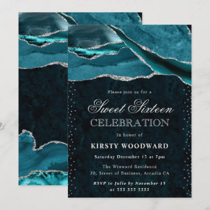 Teal and Silver Glitter Agate Sweet 16 Invitation