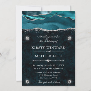 Teal and Silver Glitter Agate Wedding Invitation