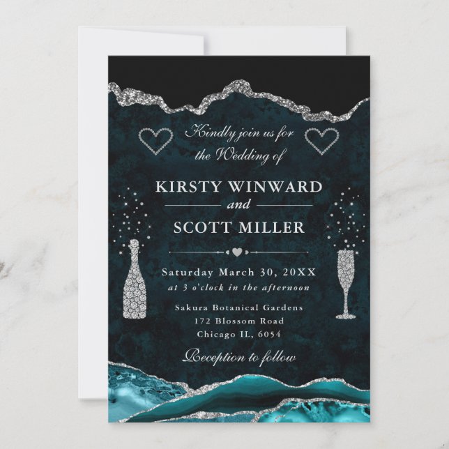 Teal  and Silver Glitter Agate Wedding Invitation (Front)