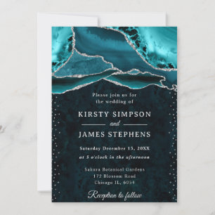 Teal and Silver Glitter Agate Wedding Invitation