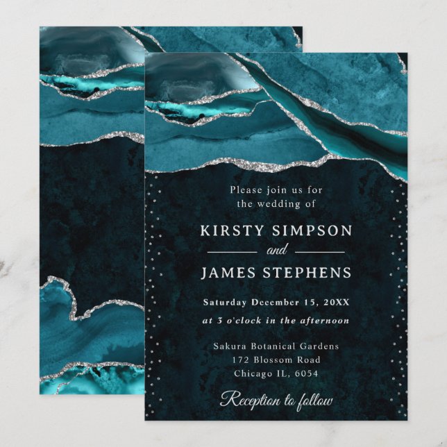 Teal and Silver Glitter Agate Wedding Invitation (Front/Back)