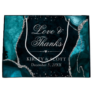 Teal and Silver Glitter Agate Wedding Large Gift Bag