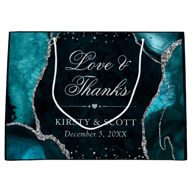 Teal and Silver Glitter Agate Wedding Large Gift Bag (Front)