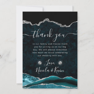 Teal and Silver Glitter Agate Wedding Thank You Card