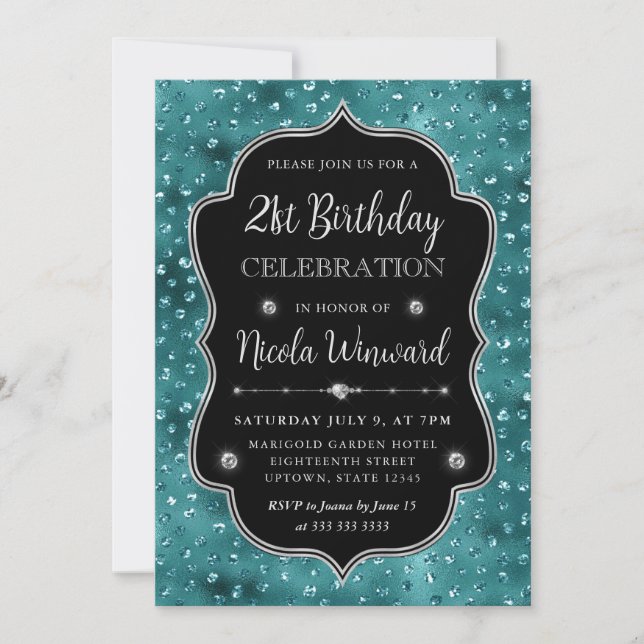 Teal and Silver Glitter Dots Frame Birthday Invitation (Front)