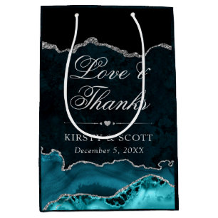 Teal and Silver Glitter Marble Agate Wedding Medium Gift Bag