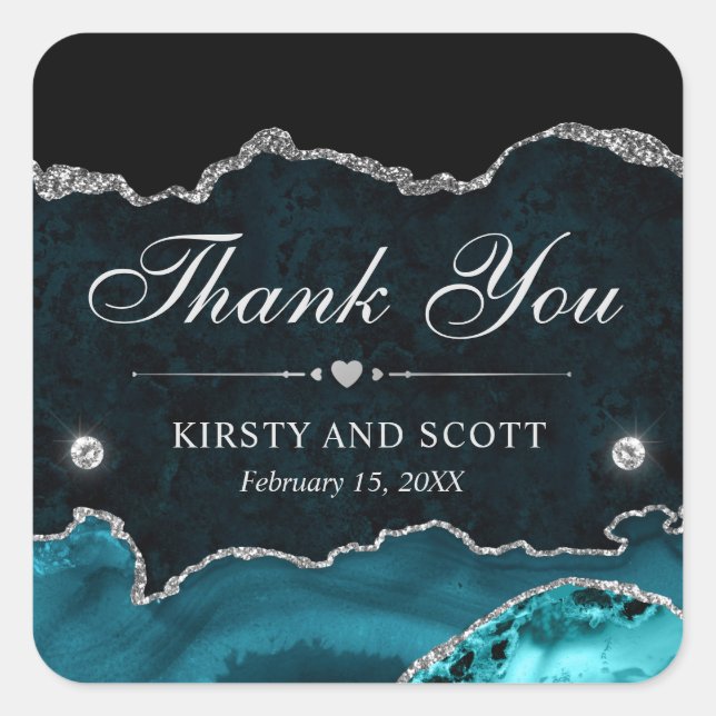 Teal and Silver Glitter Marble Wedding Square Sticker (Front)