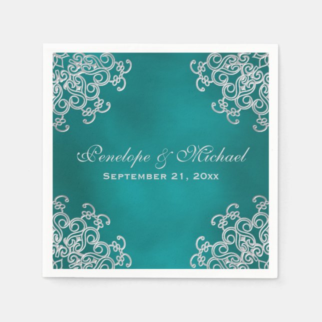 Teal and Silver Indian Style Wedding Napkin (Front)