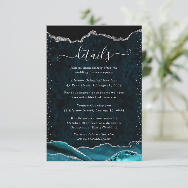 Teal and Silver Marble Agate Wedding Details Enclosure Card (Standing Front)
