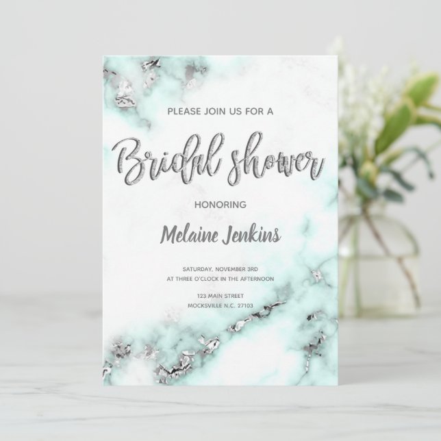 Teal and Silver Marble Bridal Shower Invitation (Standing Front)