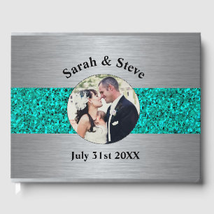 Teal and Silver Sparkle Wedding Photograph Guest Guest Book