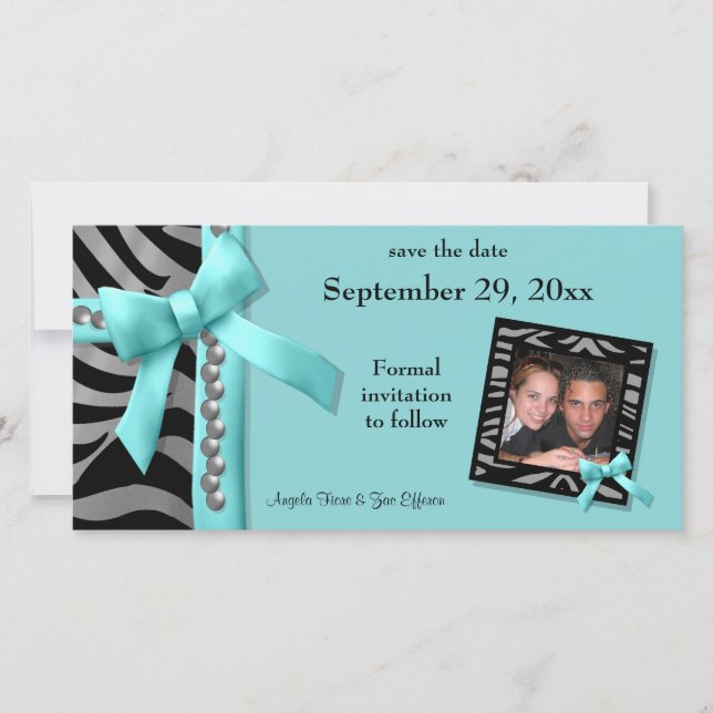 Teal And Silver Zebra Gems Save The Date Card (Front)
