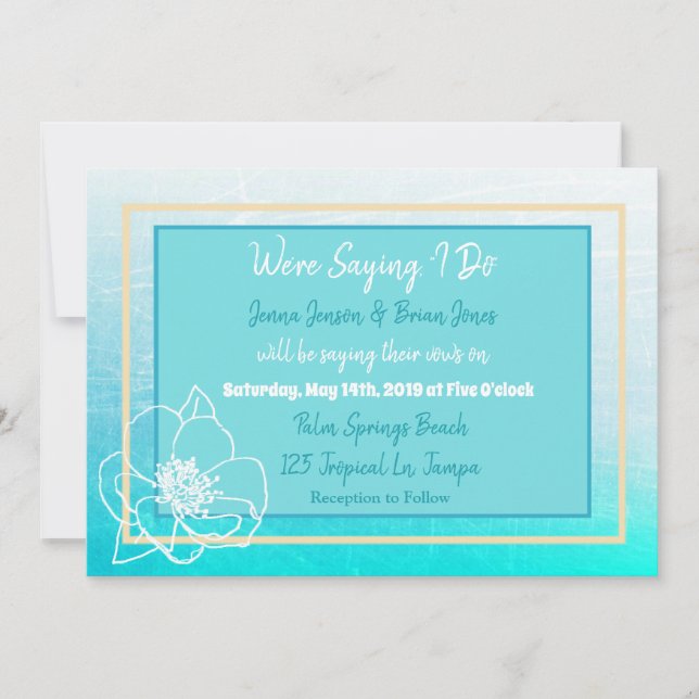 Teal and Turquoise Blue White Flower Wedding Invitation (Front)