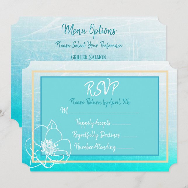 Teal and Turquoise Blue White Flower Wedding RSVP Invitation (Front/Back)