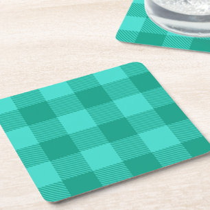 Teal And Turquoise Gingham Plaid Design  Square Paper Coaster