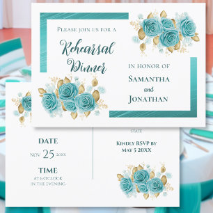 Teal and Turquoise Rose Elegant Rehearsal Dinner Invitation