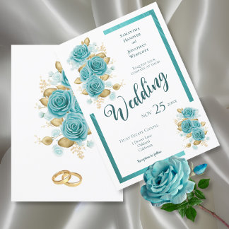 Teal and Turquoise Rose Elegant Wedding  Invitatio Invitation