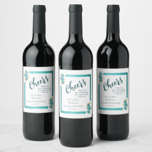 Teal and Turquoise Rose Elegant Wedding Wine Label