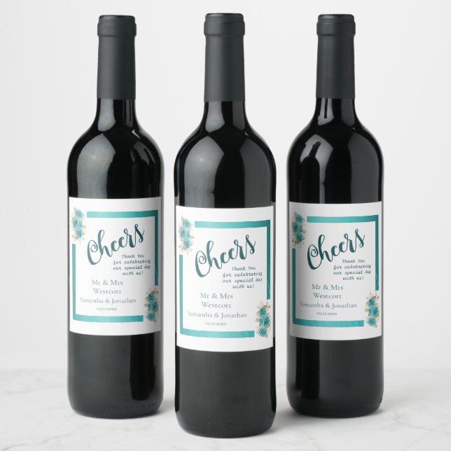 Teal and Turquoise Rose Elegant Wedding Wine Label (Bottles)