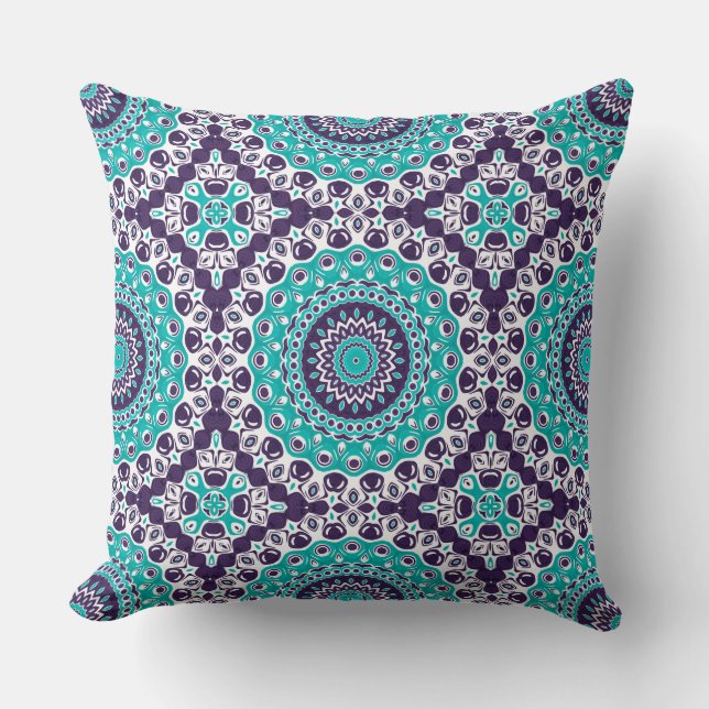 Teal and Violet Mandala Pattern Design Cushion (Front)