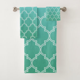 Teal and White Abstract Geometric Pattern  Bath Towel Set
