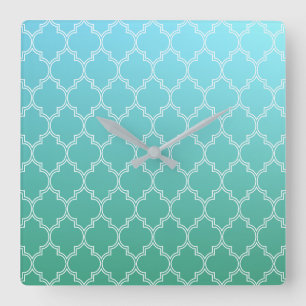 Teal and White Abstract Geometric Pattern Square Wall Clock