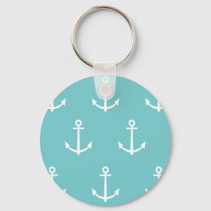 Teal and White Anchors Pattern 1 Key Ring