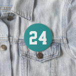 Teal and White Athlete Jersey Number 7.5 Cm Round Badge<br><div class="desc">Cheer on your favourite sports team, football player or just show off your school pride with a custom personalised spirit button! Personalise with a player's jersey number or other custom text. Perfect for football, basketball, baseball and soccer games! Create custom pins for the whole team, cheerleaders, parents and siblings to...</div>