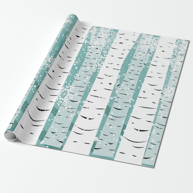 Teal and White Birch Tree in Winter Japanese Art Wrapping Paper (Unrolled)