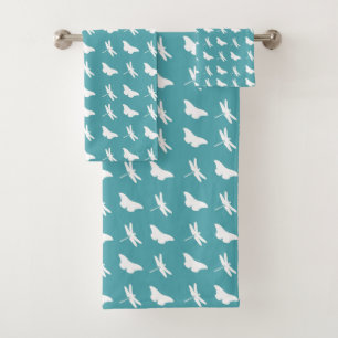 Teal and White Butterfly and Dragonfly Pattern Bath Towel Set