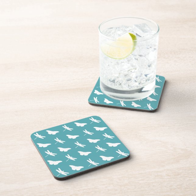 Teal and White Butterfly and Dragonfly Pattern Coaster (Right Side)