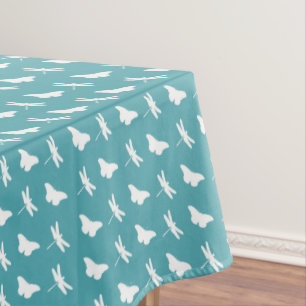 Teal and White Butterfly and Dragonfly Pattern Tablecloth