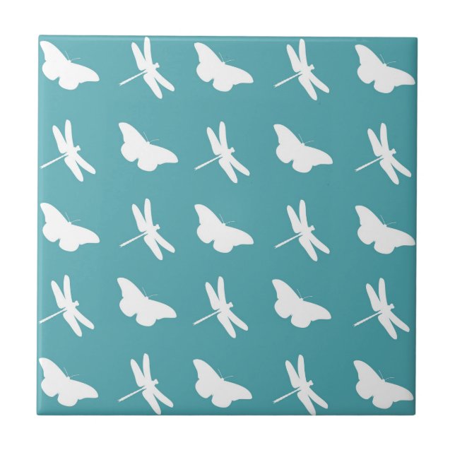 Teal and White Butterfly and Dragonfly Pattern Tile (Front)