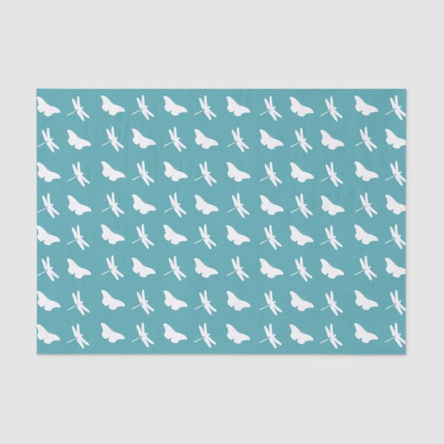 Teal and White Butterfly and Dragonfly Pattern Tissue Paper (Front)