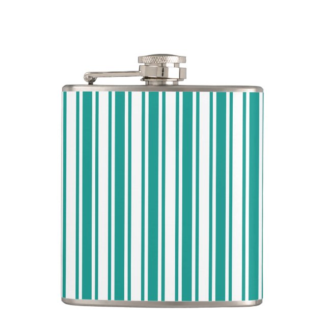 Teal and white candy stripes hip flask (Front)