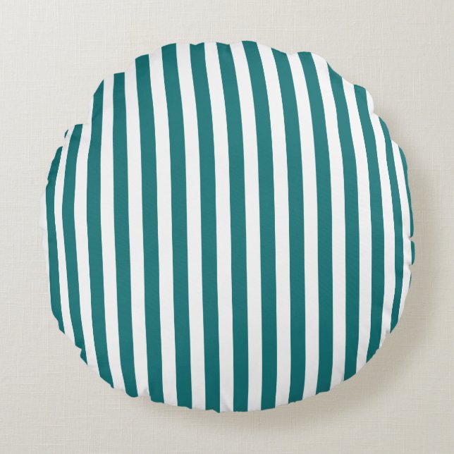 Teal and white candy stripes round cushion (Front)