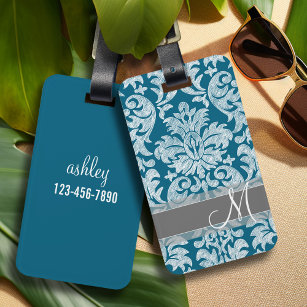 Teal and White Chalkboard Damask Pattern Luggage Tag