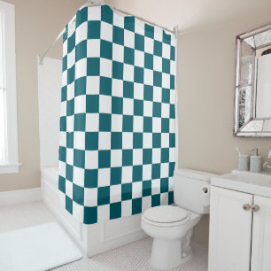 Teal and White Chequered Chess Retro Shower Curtain
