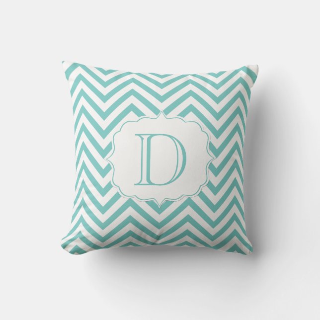 Teal and White Chevron Pattern Monogram Cushion (Front)