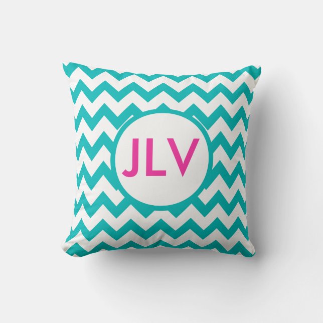 Teal and White Chevrons with Monogram Cushion (Front)