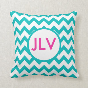 Teal and White Chevrons with Monogram Cushion