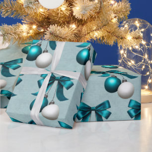 Teal and White Christmas Bauble Ornament Wrapping Paper