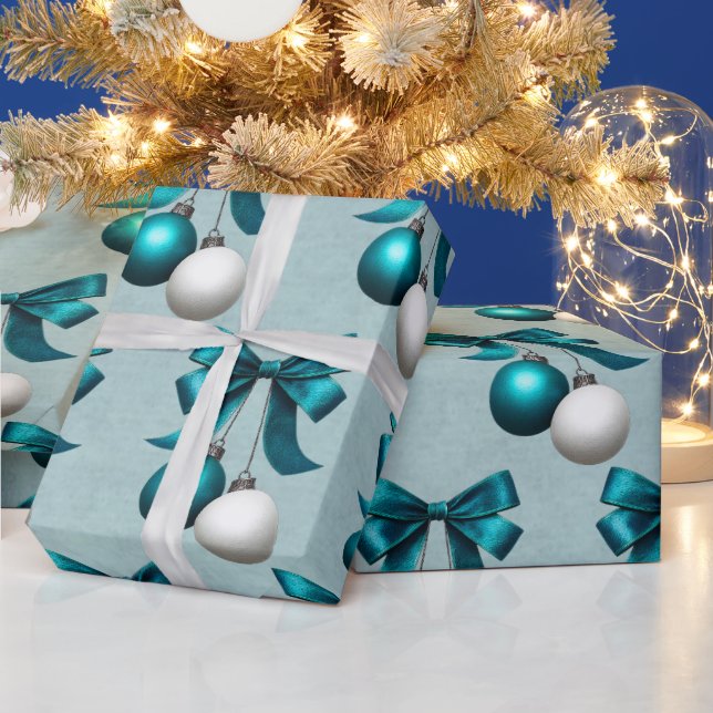 Teal and White Christmas Bauble Ornament  Wrapping Paper (Holidays)