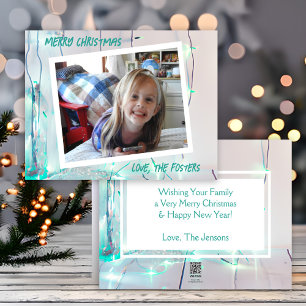 Teal and White Christmas Lights Photo Holiday Card