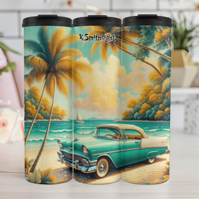 Teal and White Classic Car on a Tropical Beach Thermal Tumbler (Creator Uploaded)
