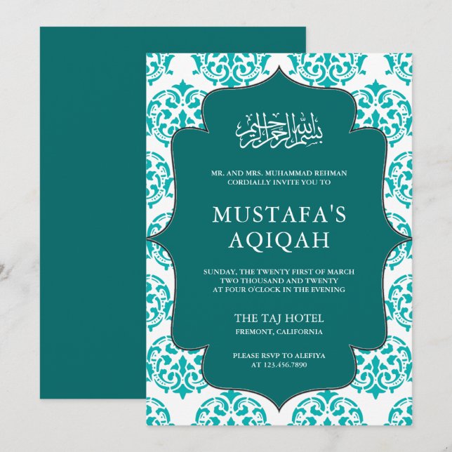 Teal and White Damask Islamic Aqiqah Ceremony Invitation (Front/Back)