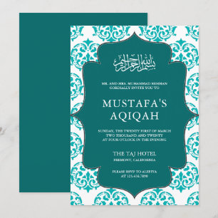 Teal and White Damask Islamic Aqiqah Ceremony Invitation