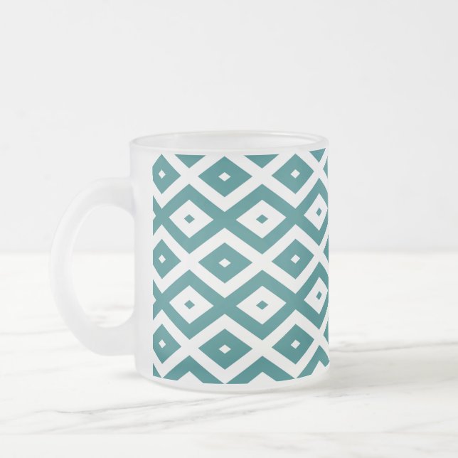 Teal and white diamond pattern frosted glass coffee mug (Left)