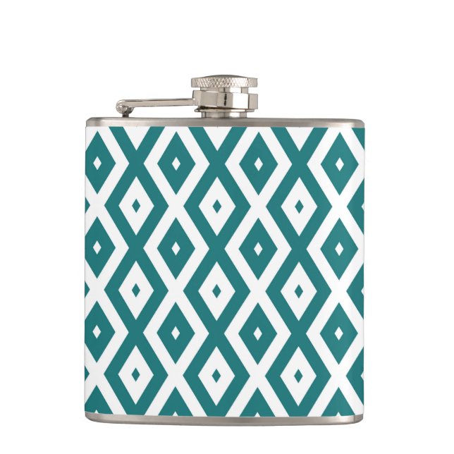 Teal and white diamond pattern hip flask (Front)